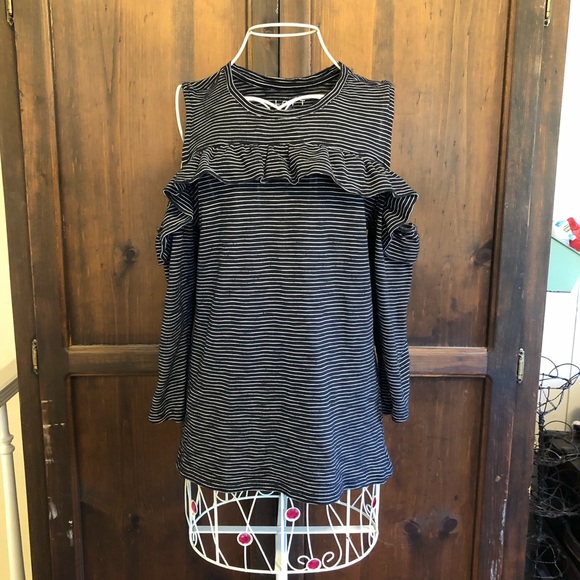 LOFT Sweaters - Ann Taylor Loft Cold Shoulder Ruffle Sweater Blue Striped Size Medium